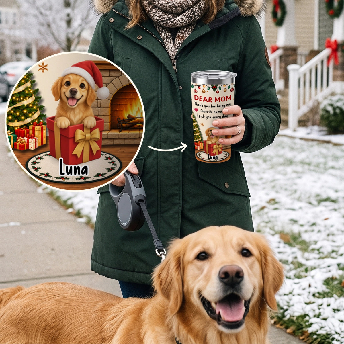 Woman on a snowy winter walk with her golden retriever and the Dear Mom tumbler with the name Luna