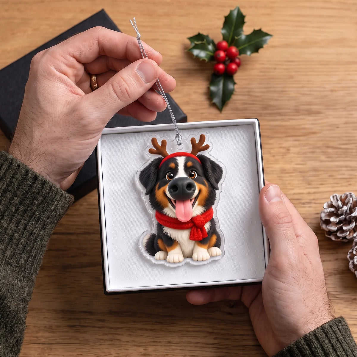 Hands holding the ornament with a Bernese Mountain Dog cartoon in a white gift box