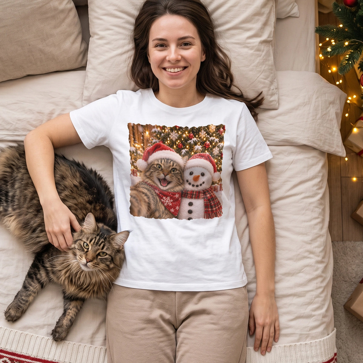 Woman in white pet photo T-shirt lies on the bed next to her tabby cat