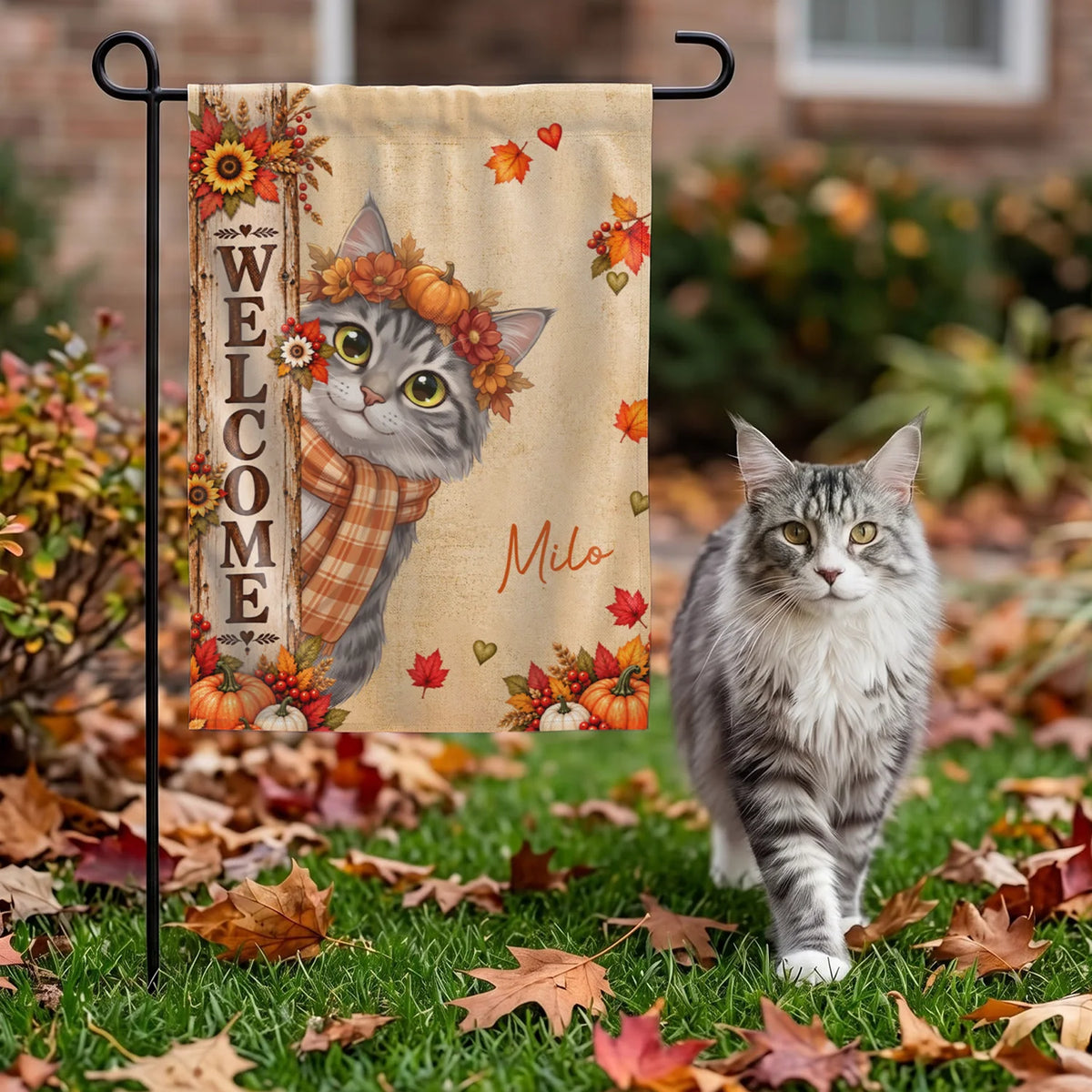 Personalized Flag "Fall Cat Welcome"