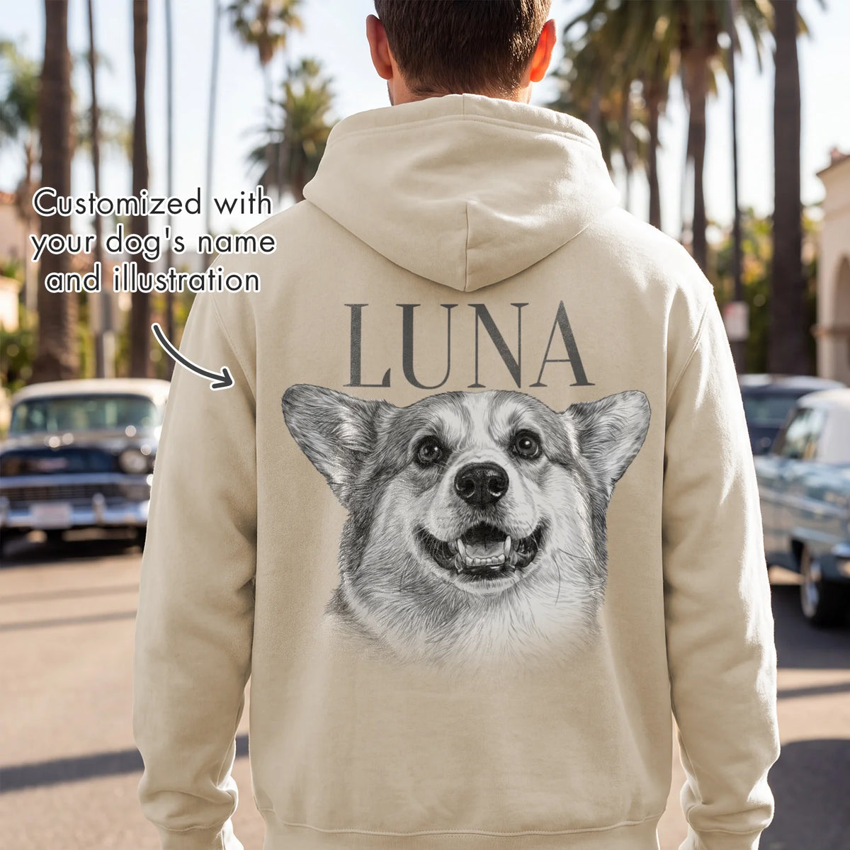 Man in a beige dog Retro hoodie from behind with a Corgi portrait and name