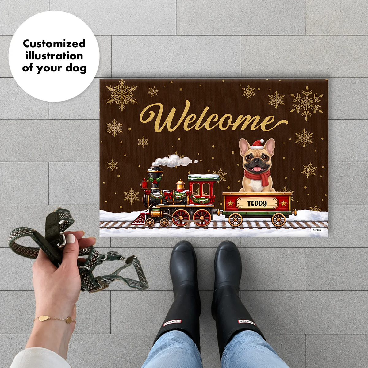 Personalized Doormat "Christmas Train Dog"