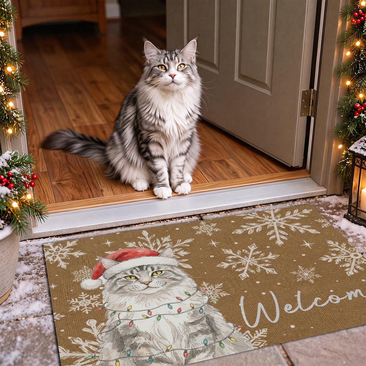 Personalized Doormat "Watercolor Cat Christmas"