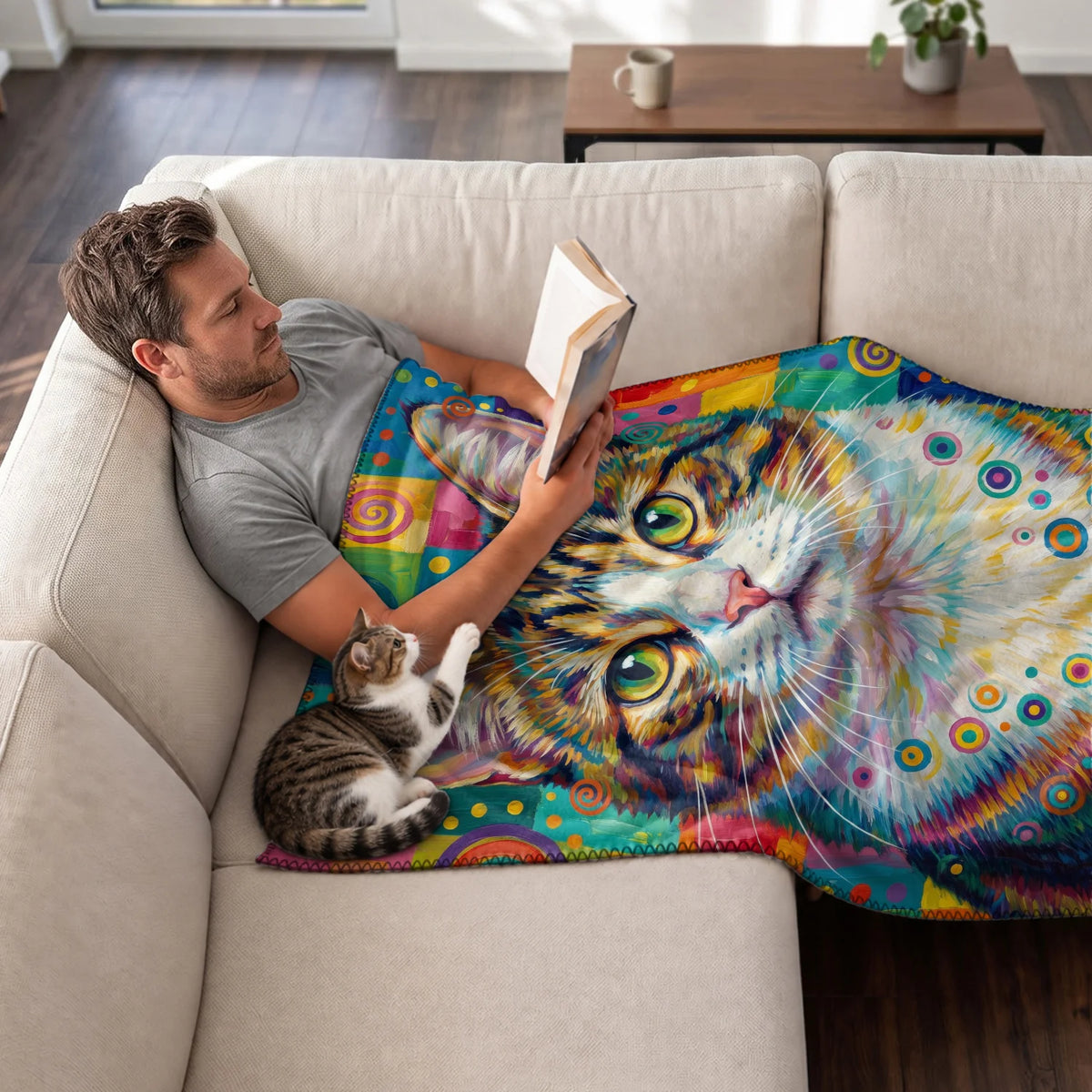 Man reads on the sofa under the Graffiti Cat blanket with his tabby cat