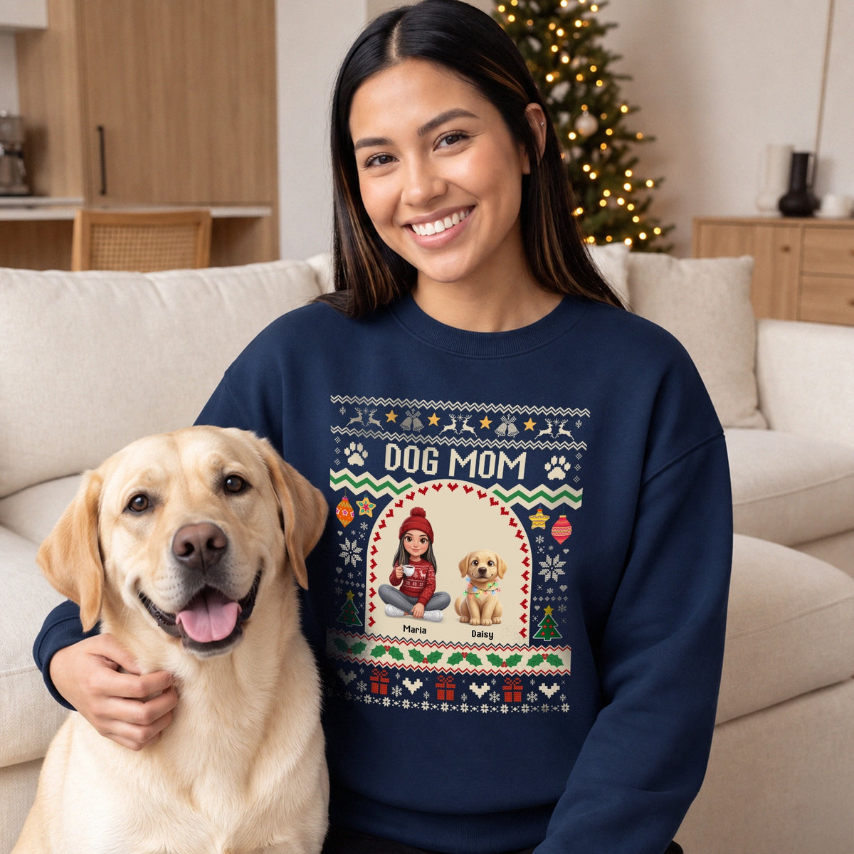 Woman in a navy Dog Mom sweater next to her Labrador