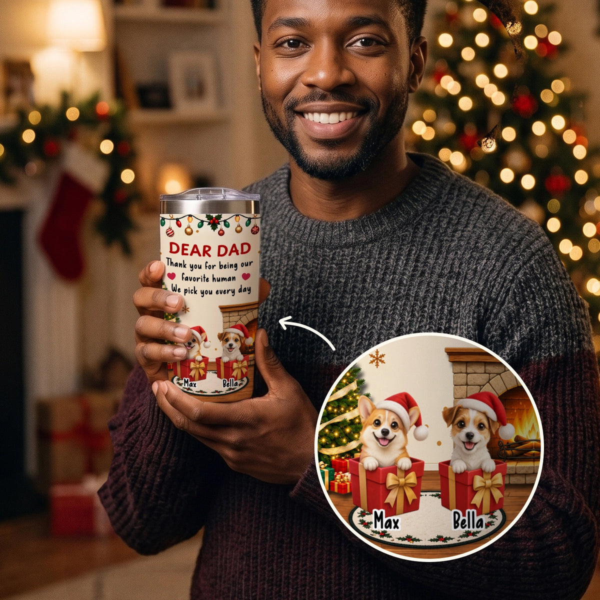 Smiling man holding the Dear Dad tumbler with two cartoon dogs named Max and Bella in Christmas gift boxes