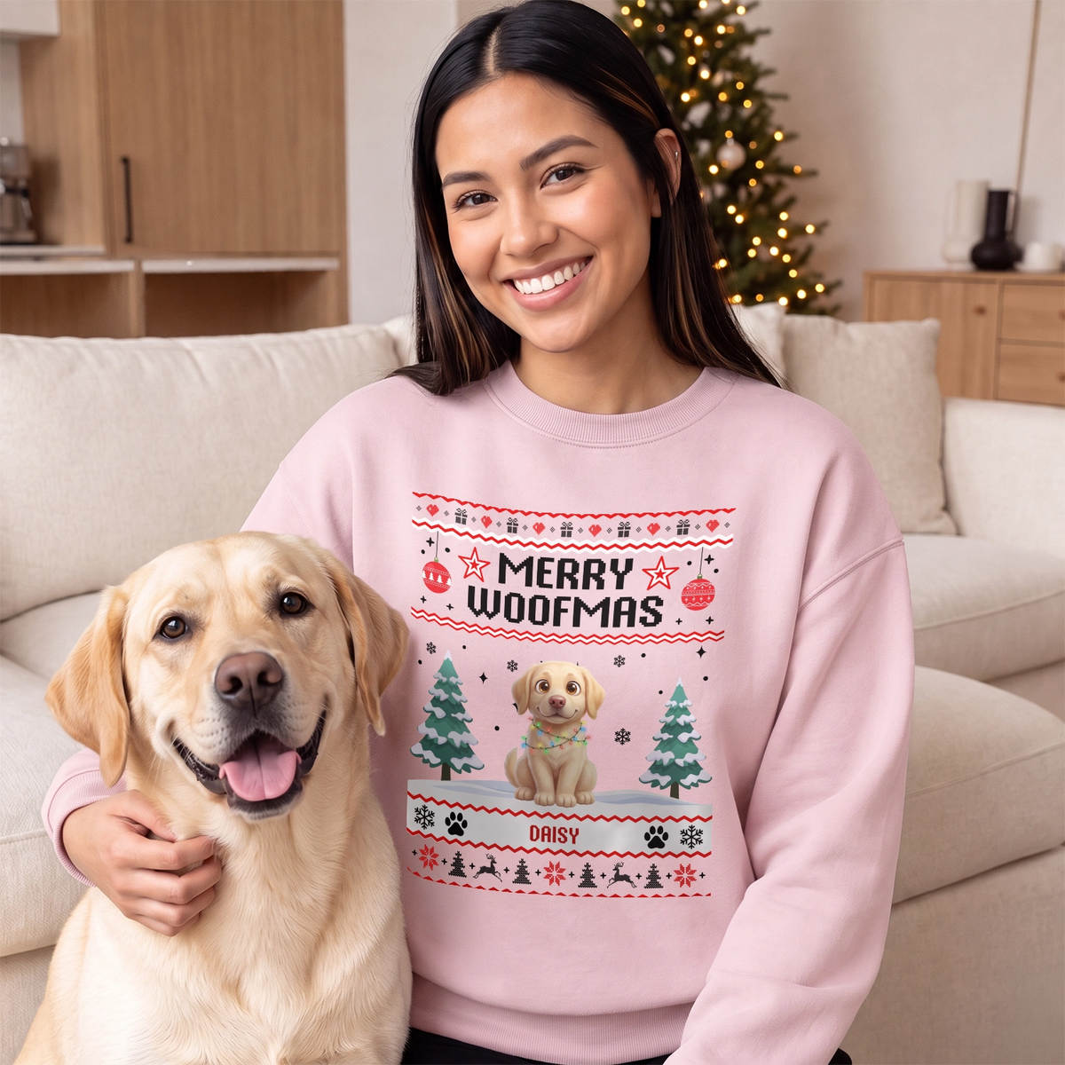 Woman in a light pink Merry Woofmas sweater with her Labrador on the couch