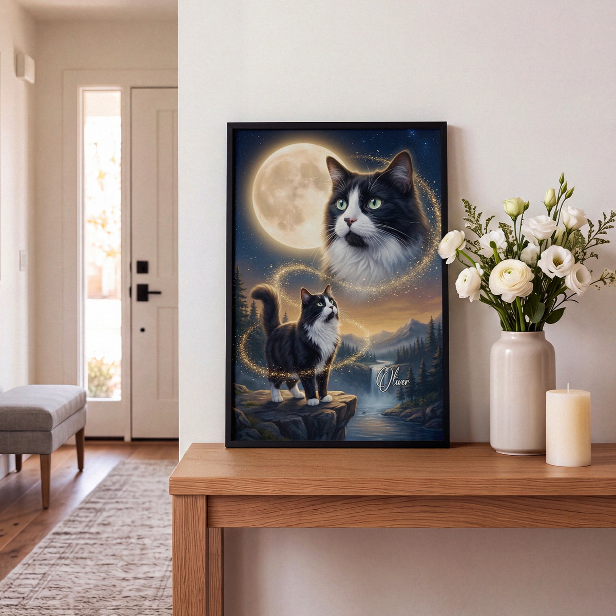 Howling Cat poster with black and white cat leaning on an entryway console