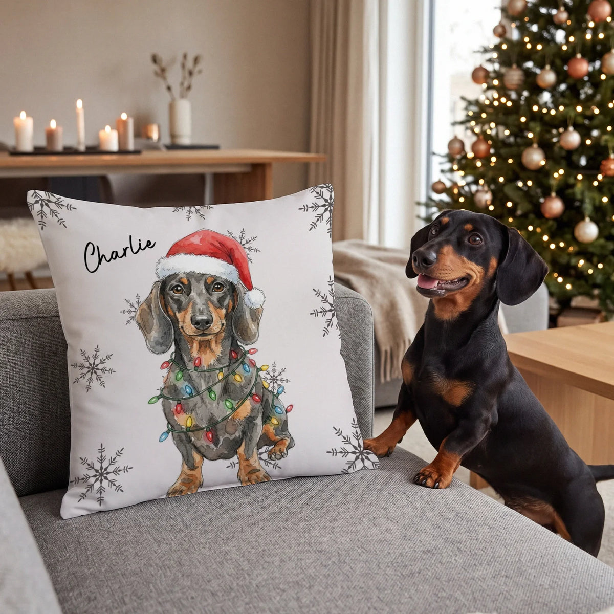 Pillow with a watercolor dachshund in a Santa hat and the name Charlie next to the dog