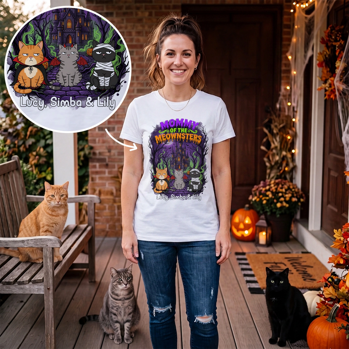 Woman on a porch in the white Spooky Cat Mom T-shirt with a close-up circle of three cats