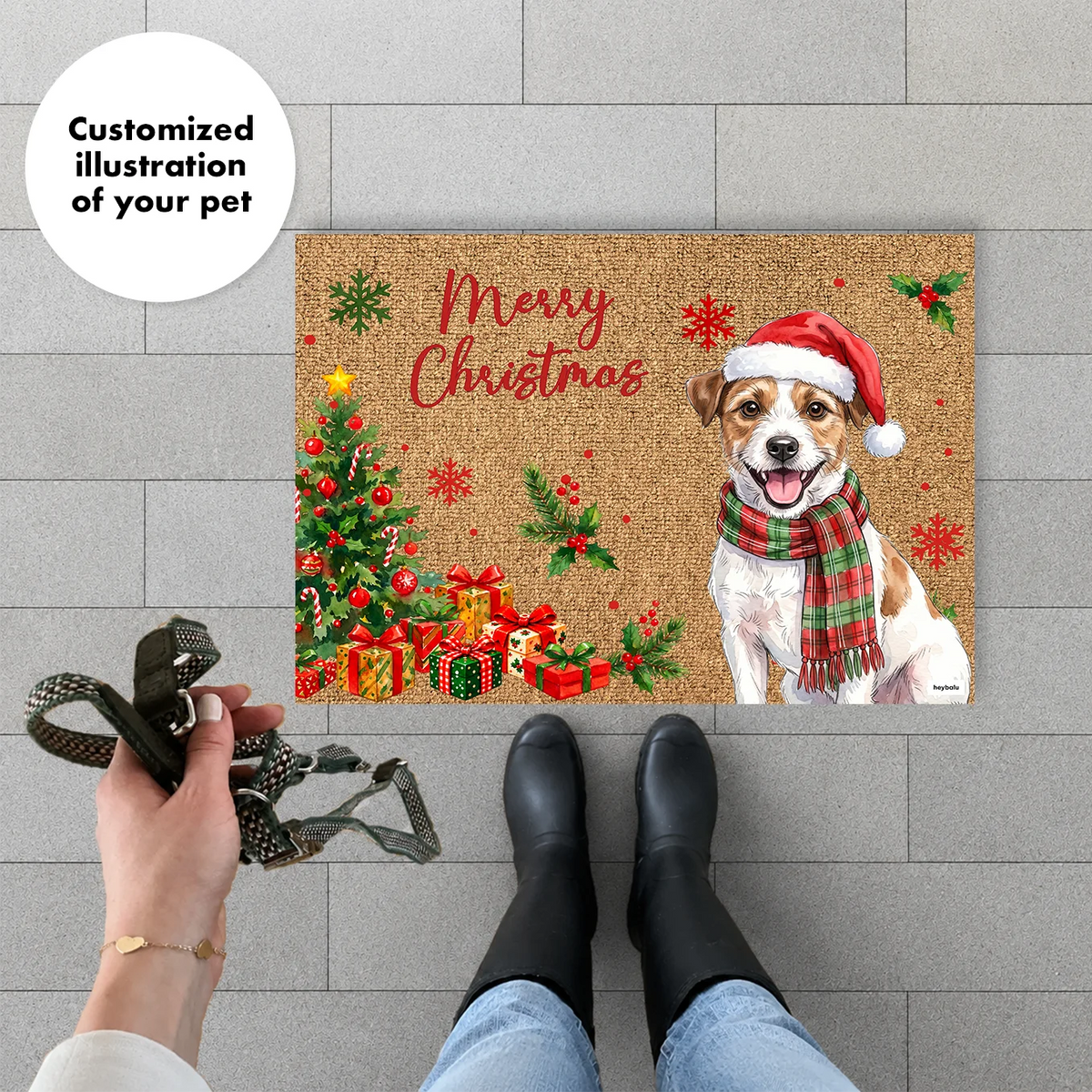 Woman with a leash standing in front of the coir look Christmas doormat with Jack Russell illustration