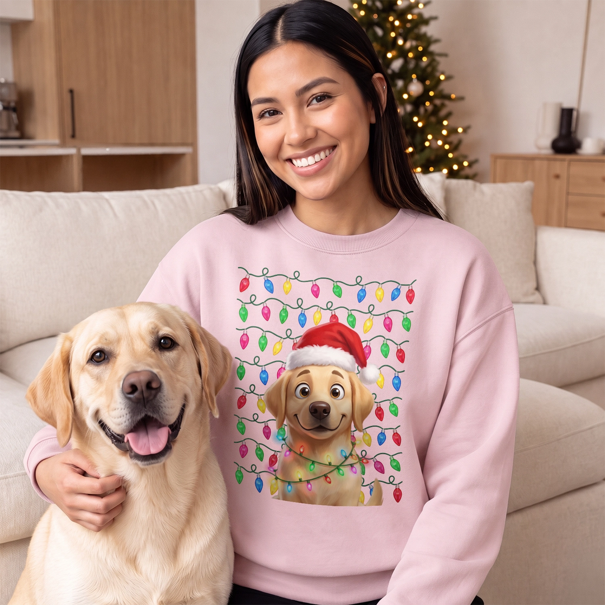 Woman in a light pink sweater with her Labrador as a cartoon in colorful Christmas lights next to her dog