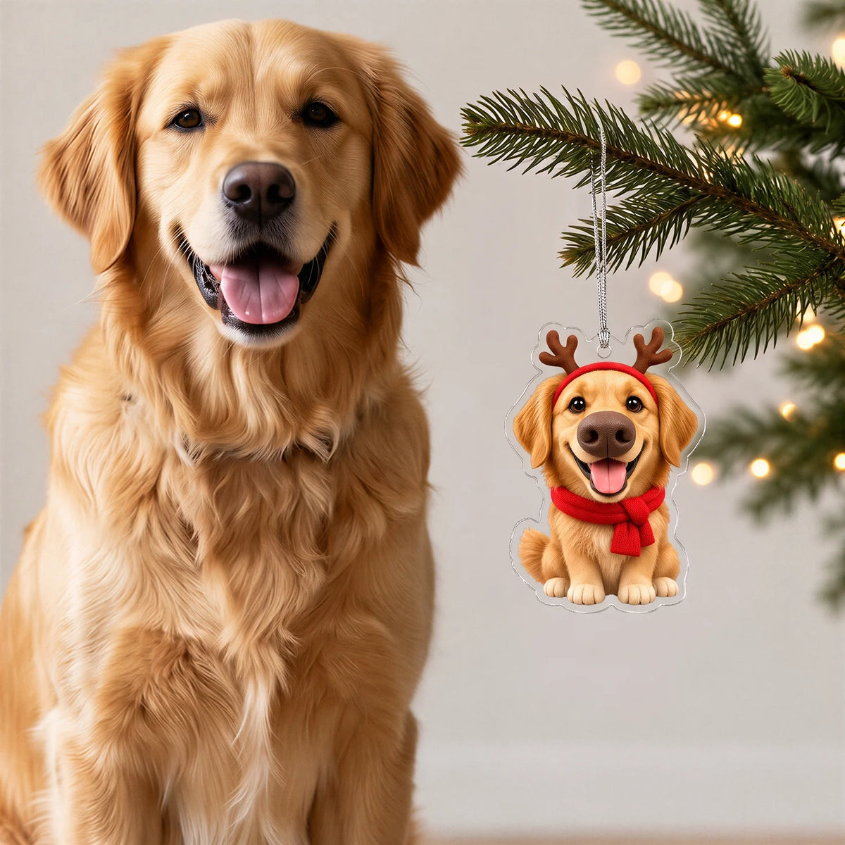 Golden retriever sitting next to its cartoon ornament on the Christmas tree