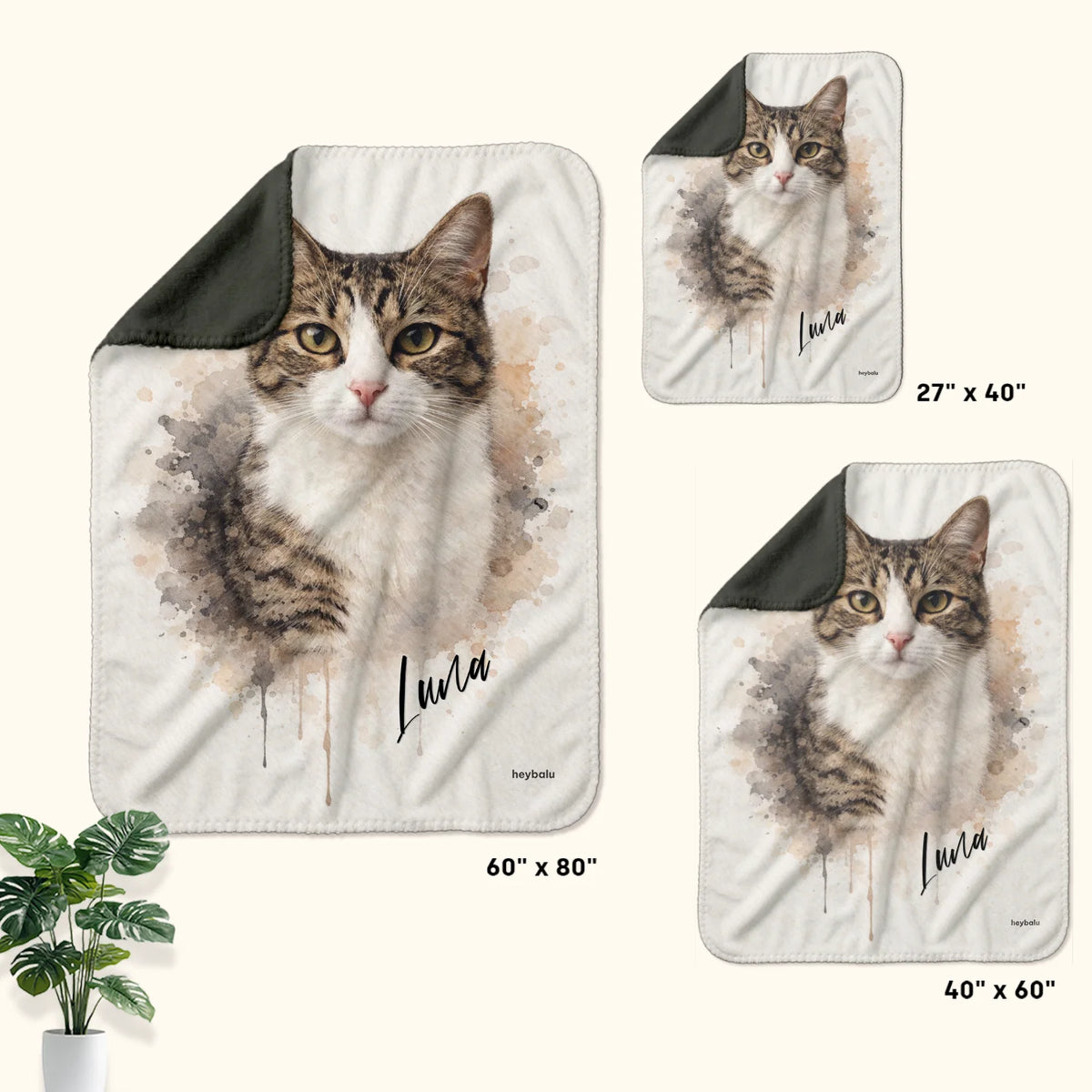 Watercolor Cat blanket in three sizes: 27" x 40", 40" x 60" and 60" x 80"