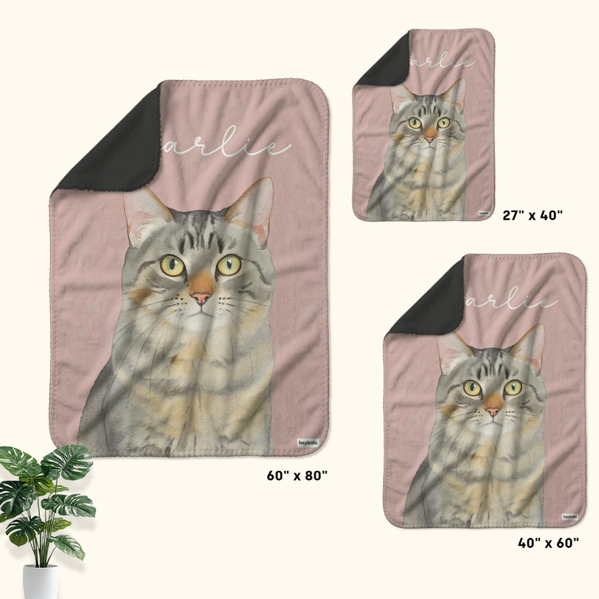 Portrait blanket sizes with tabby cat on pink: 27 x 40, 40 x 60 and 60 x 80 inches