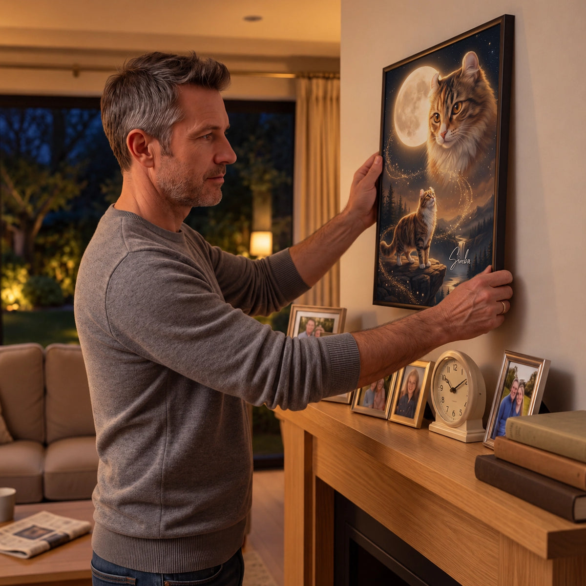 Man hangs the Howling Cat poster with a ginger cat above the fireplace