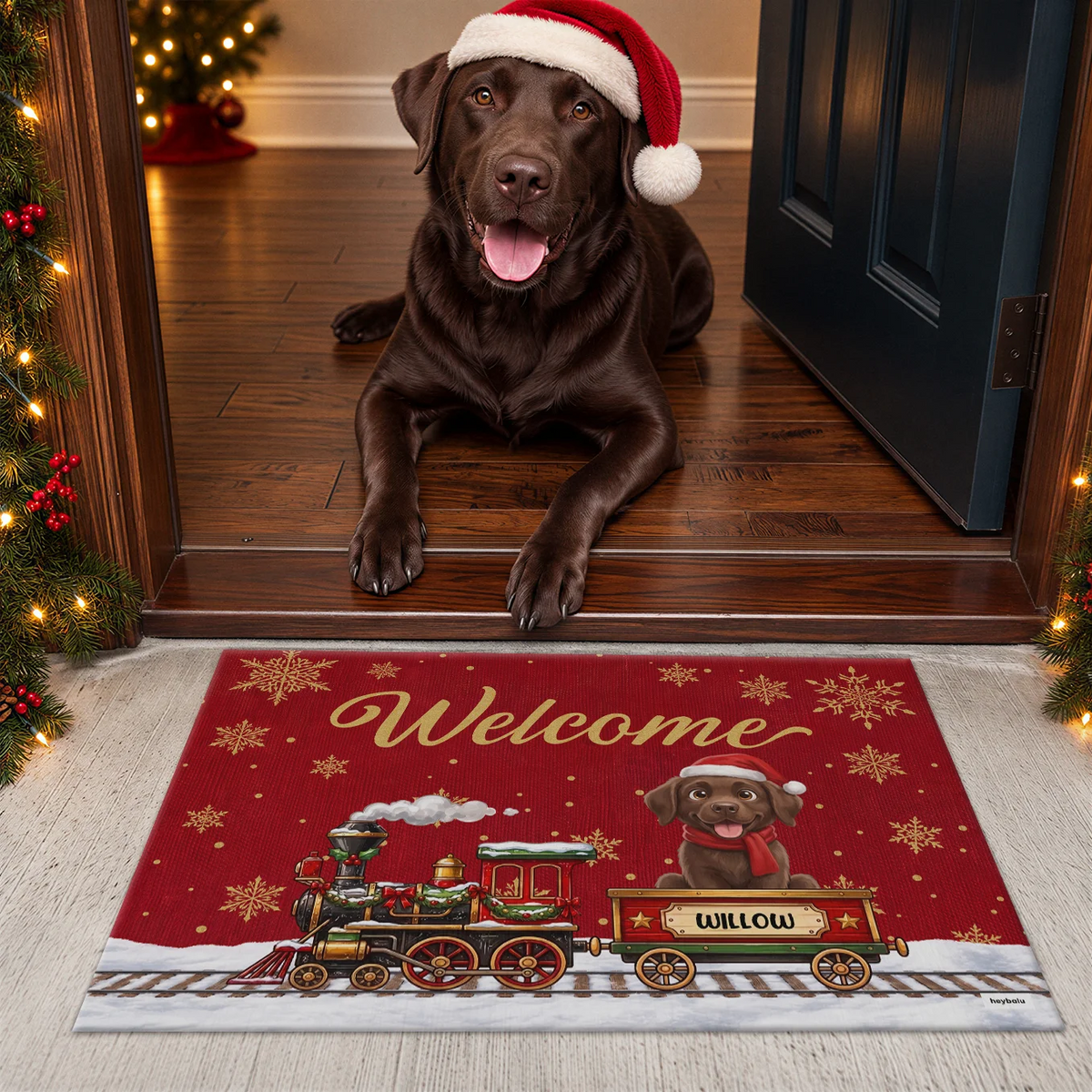 Personalized Doormat "Christmas Train Dog"