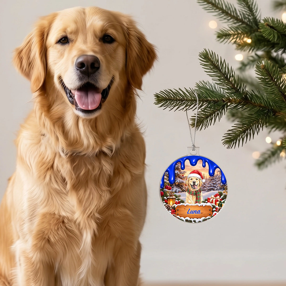 Golden retriever next to the blue ornament with its portrait and the name Luna on the Christmas tree