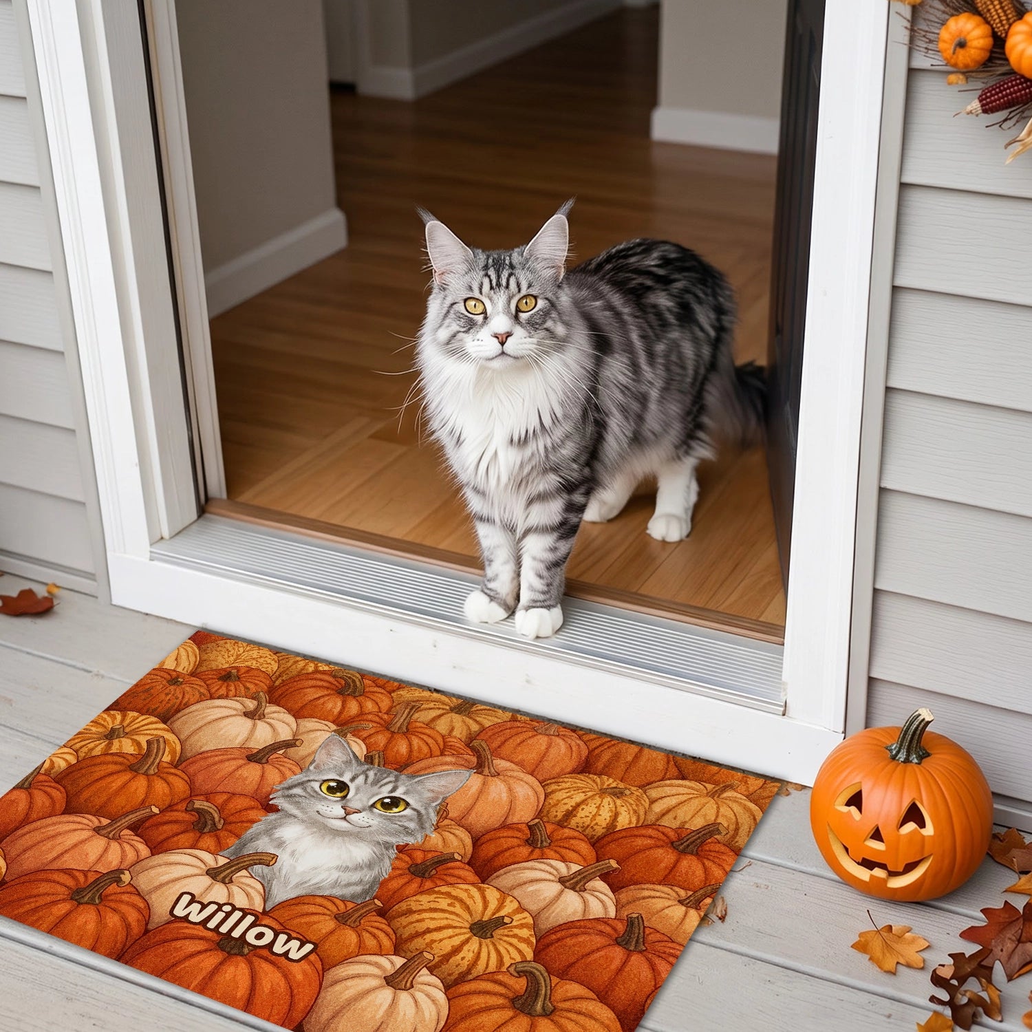 Personalized Doormat "Cats in the Pumpkin Field"