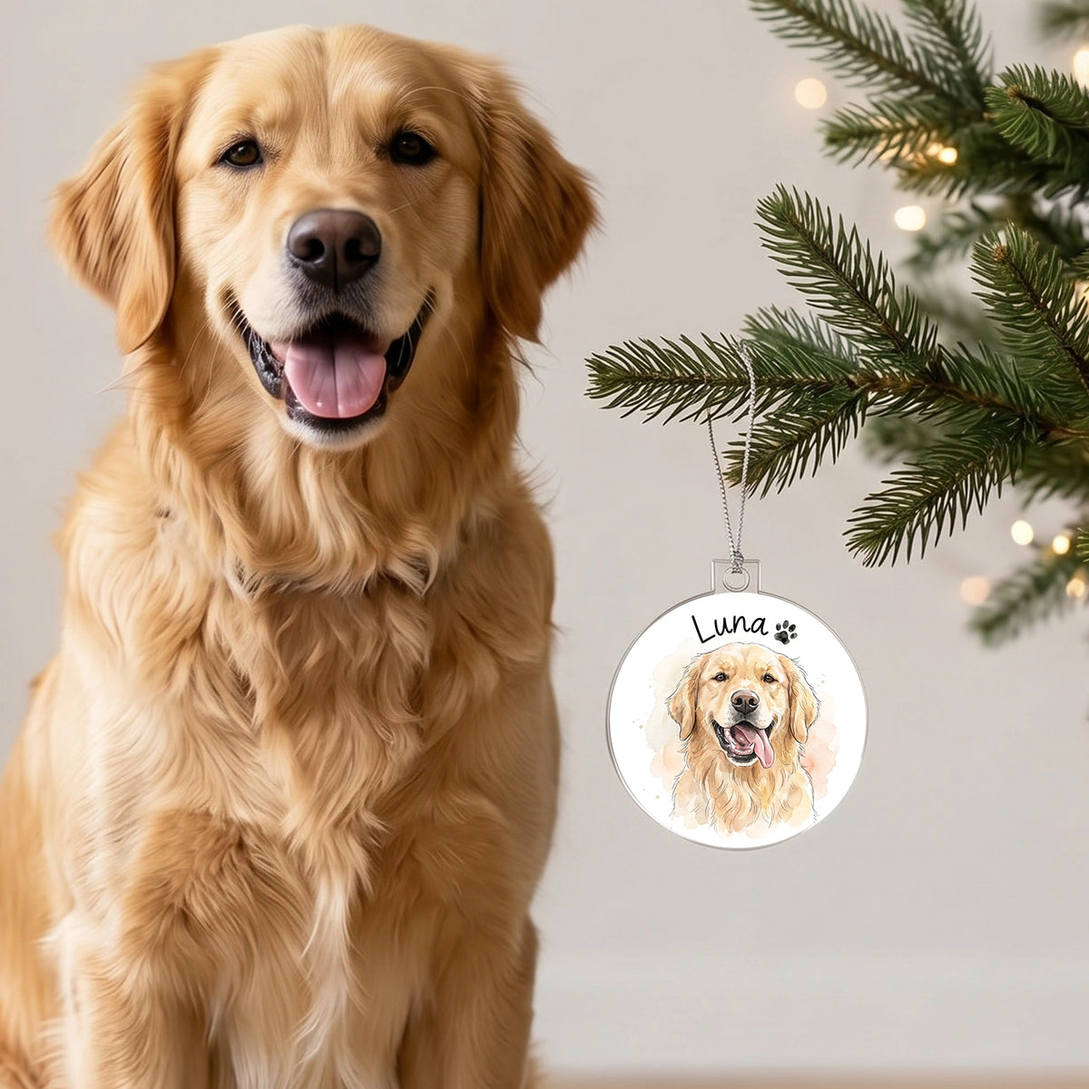 Golden retriever sitting next to its watercolor ornament with the name Luna on the Christmas tree