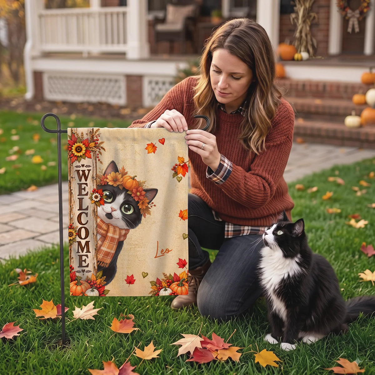 Personalized Flag "Fall Cat Welcome"
