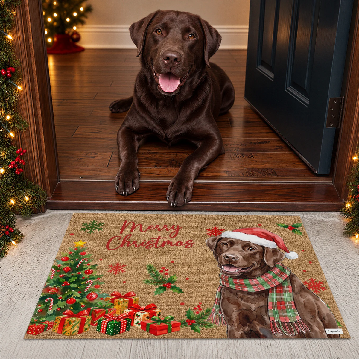 Chocolate Labrador lying behind the Christmas doormat with his illustration and Merry Christmas lettering