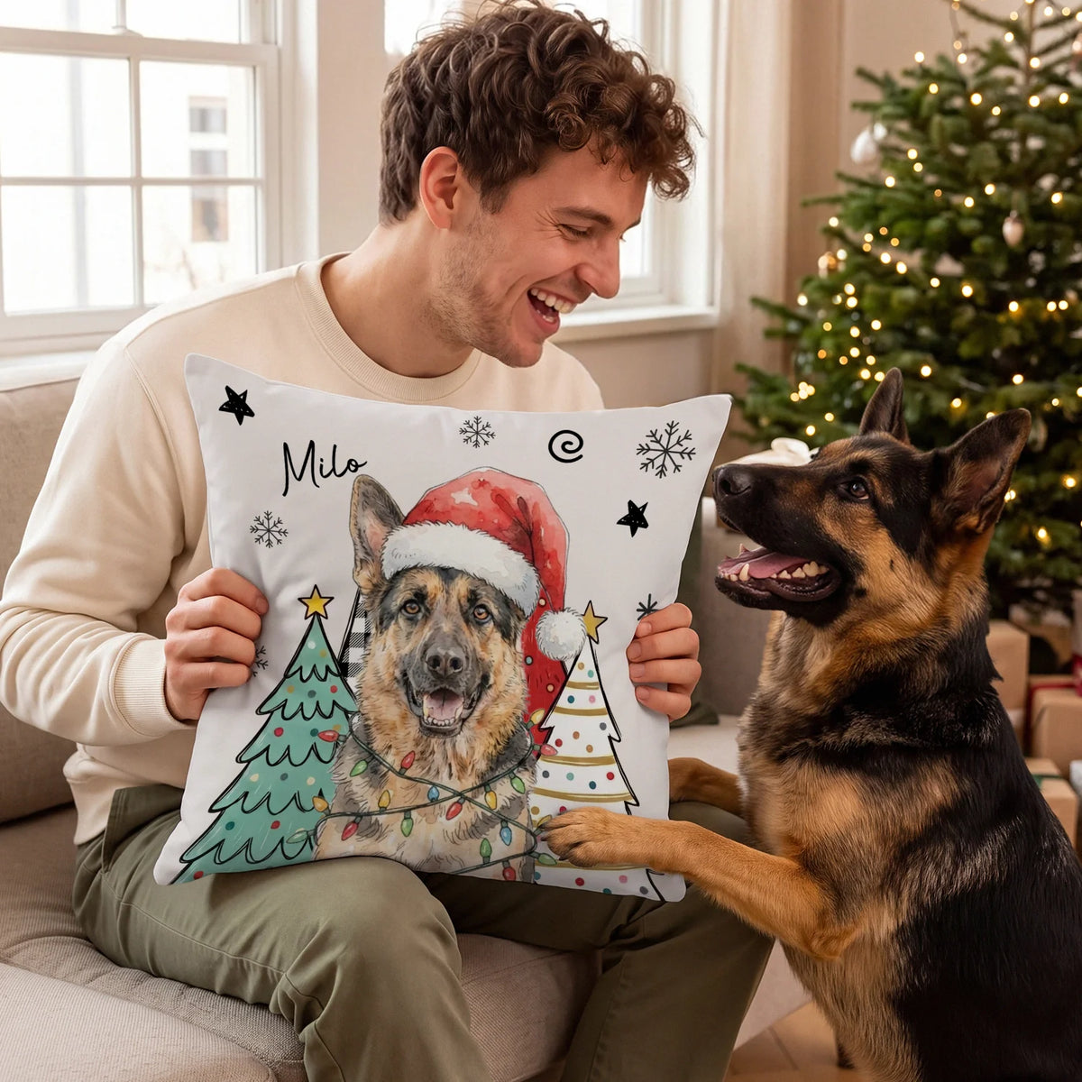 Man holding a Christmas pillow with his German Shepherd in watercolor style