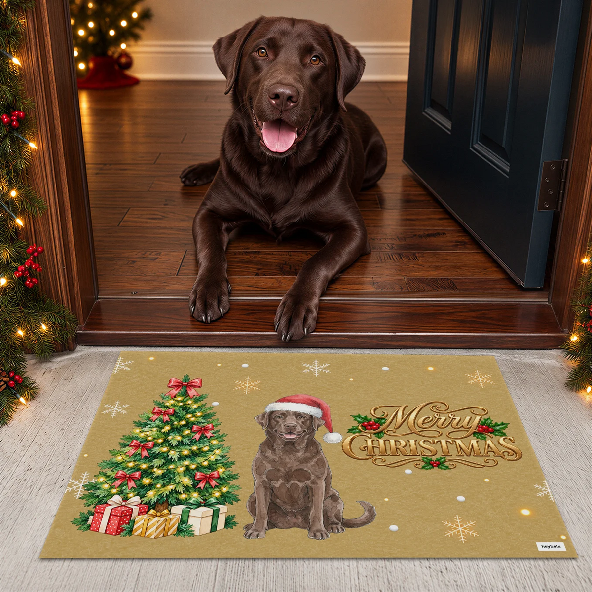 Beige Christmas doormat with chocolate Labrador illustration at the entrance
