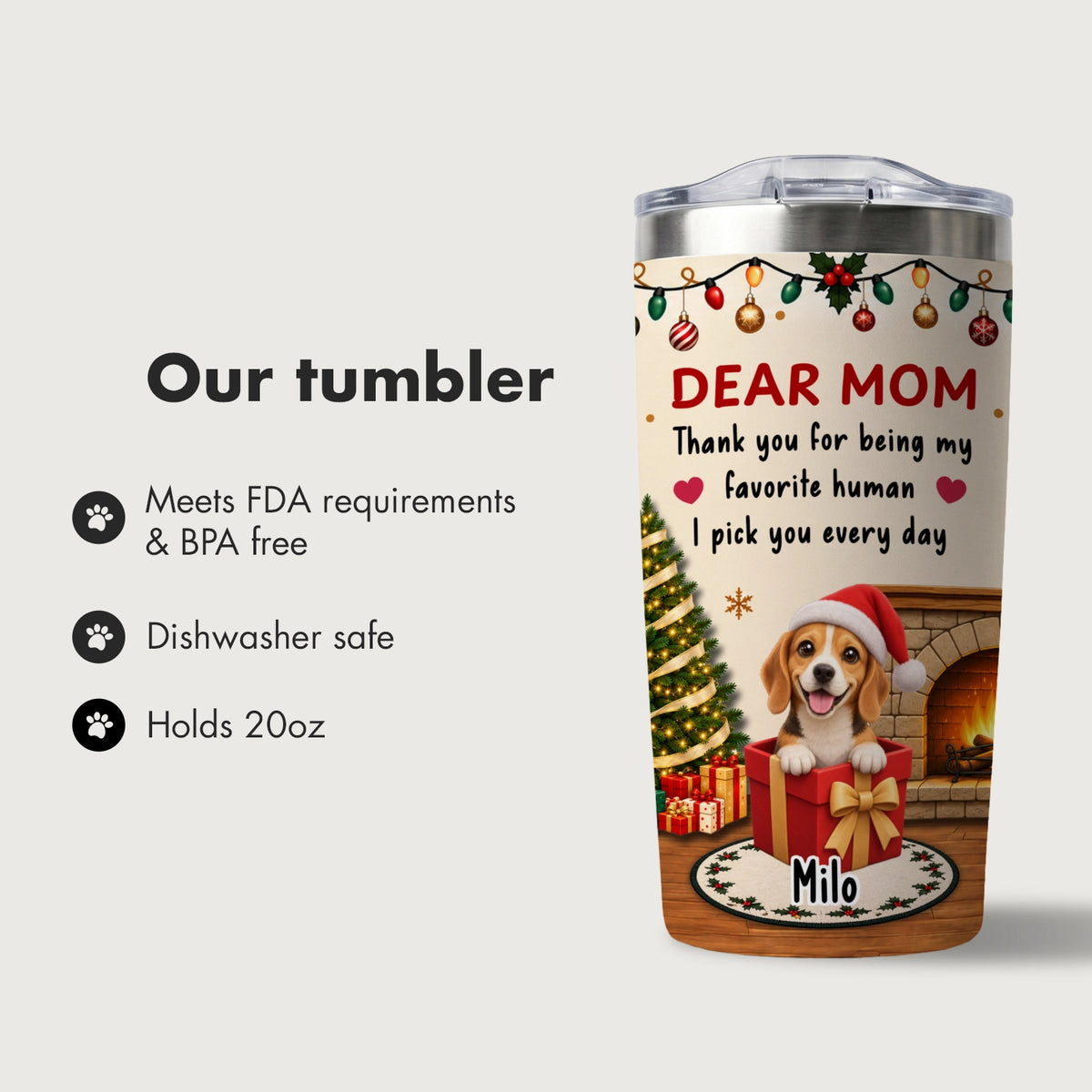 Tumbler infographic: BPA free, dishwasher safe and holds 20 oz, with a beagle named Milo and Dear Mom
