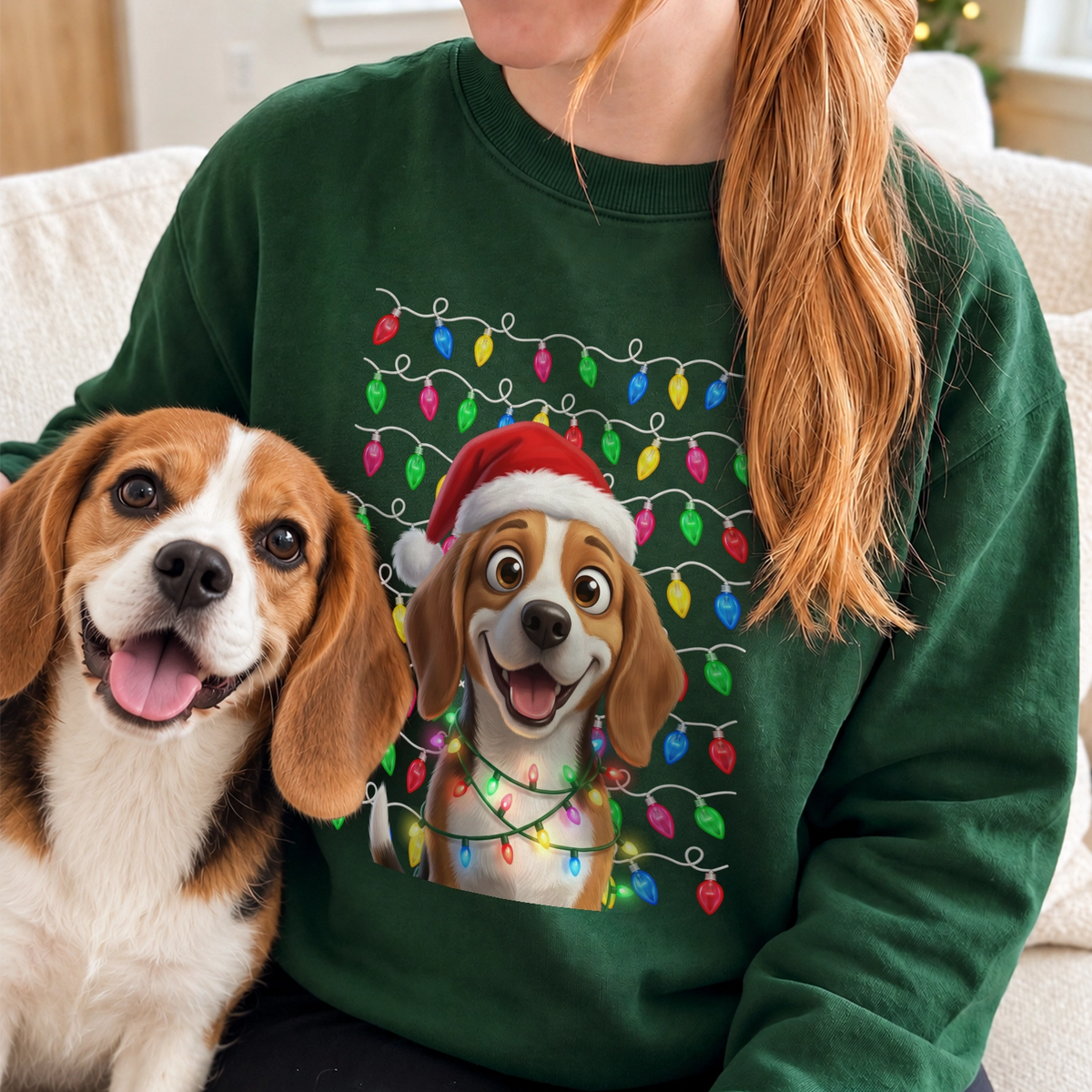 Forest green Christmas sweater with a cartoon of a beagle next to the dog