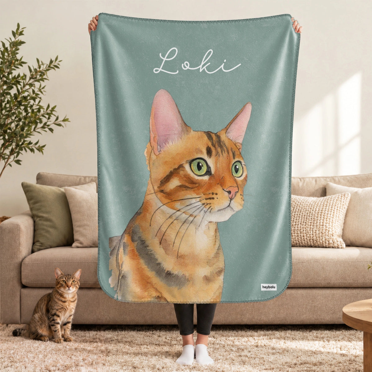 Personalized Cat Blanket "Portrait" as a gift for cat lovers: watercolor portrait of your cat on a sage blanket with name – hey balu