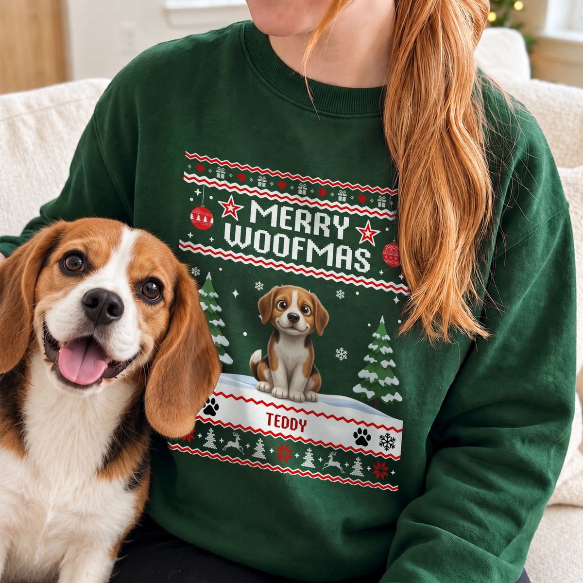 Forest green Merry Woofmas sweater with a cartoon of a beagle next to the dog