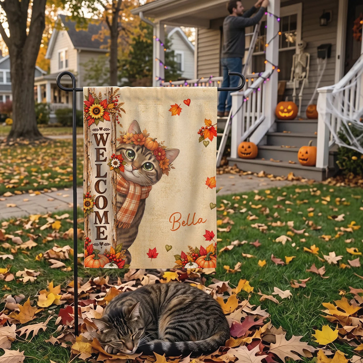Personalized Flag "Fall Cat Welcome"