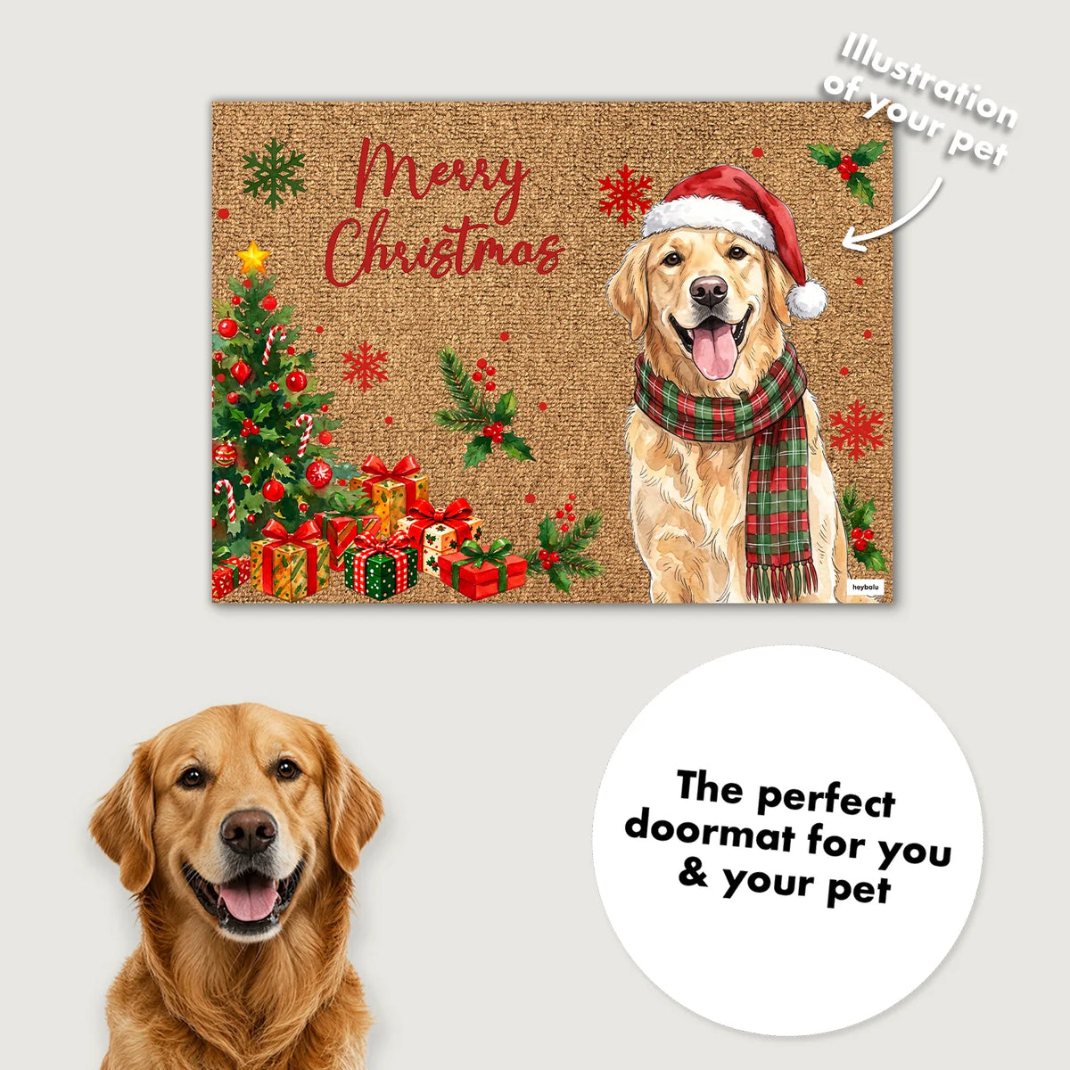 Dog photo turned into the doormat illustration: golden retriever with Santa hat and scarf on the Christmas doormat