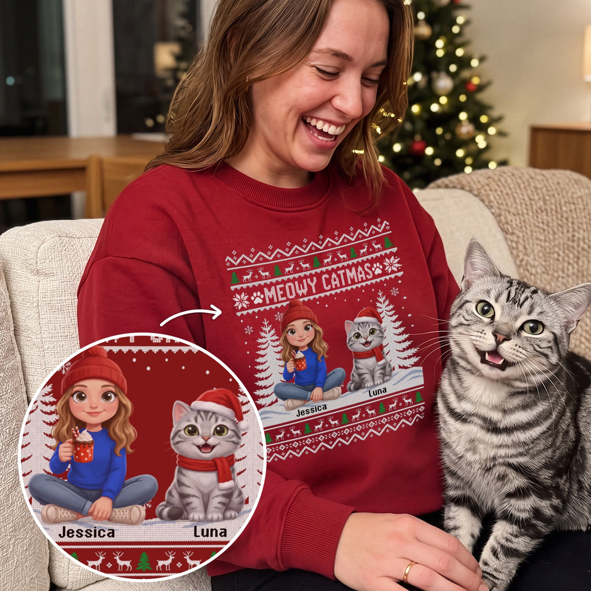 Personalized Sweater "Christmas Cartoon Cat"