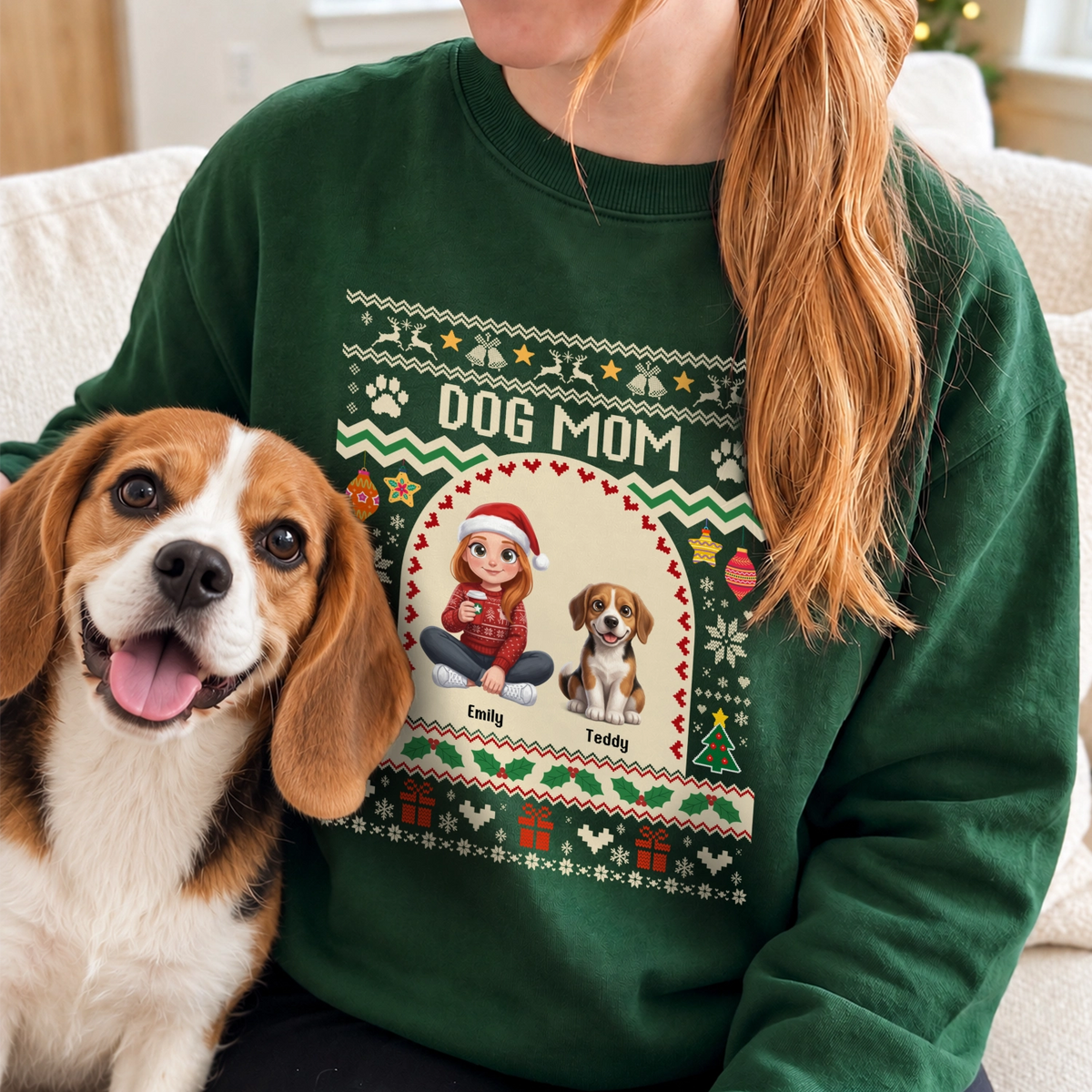 Forest green Dog Mom Christmas sweater with cartoon woman and beagle
