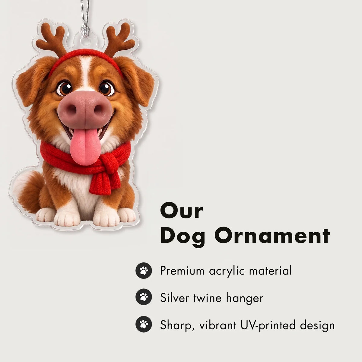 Ornament infographic: premium acrylic, silver twine and a sharp, vibrant UV-printed design