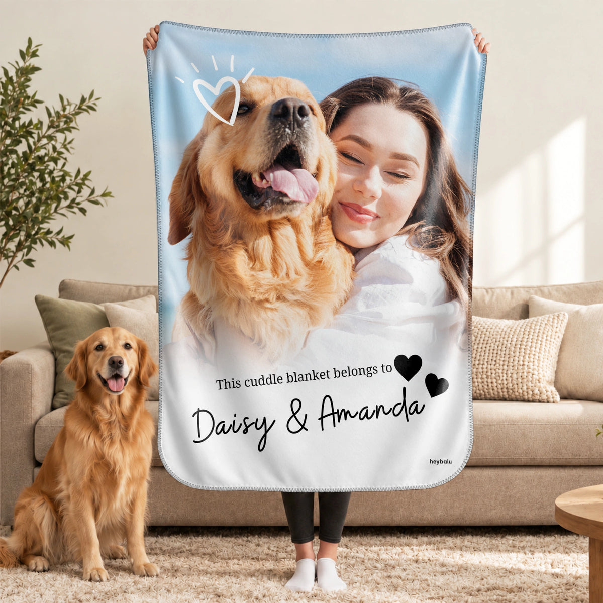 Personalized Blanket "Pet Photo & Text" as a gift for dog lovers: photo of owner and dog with custom names – hey balu