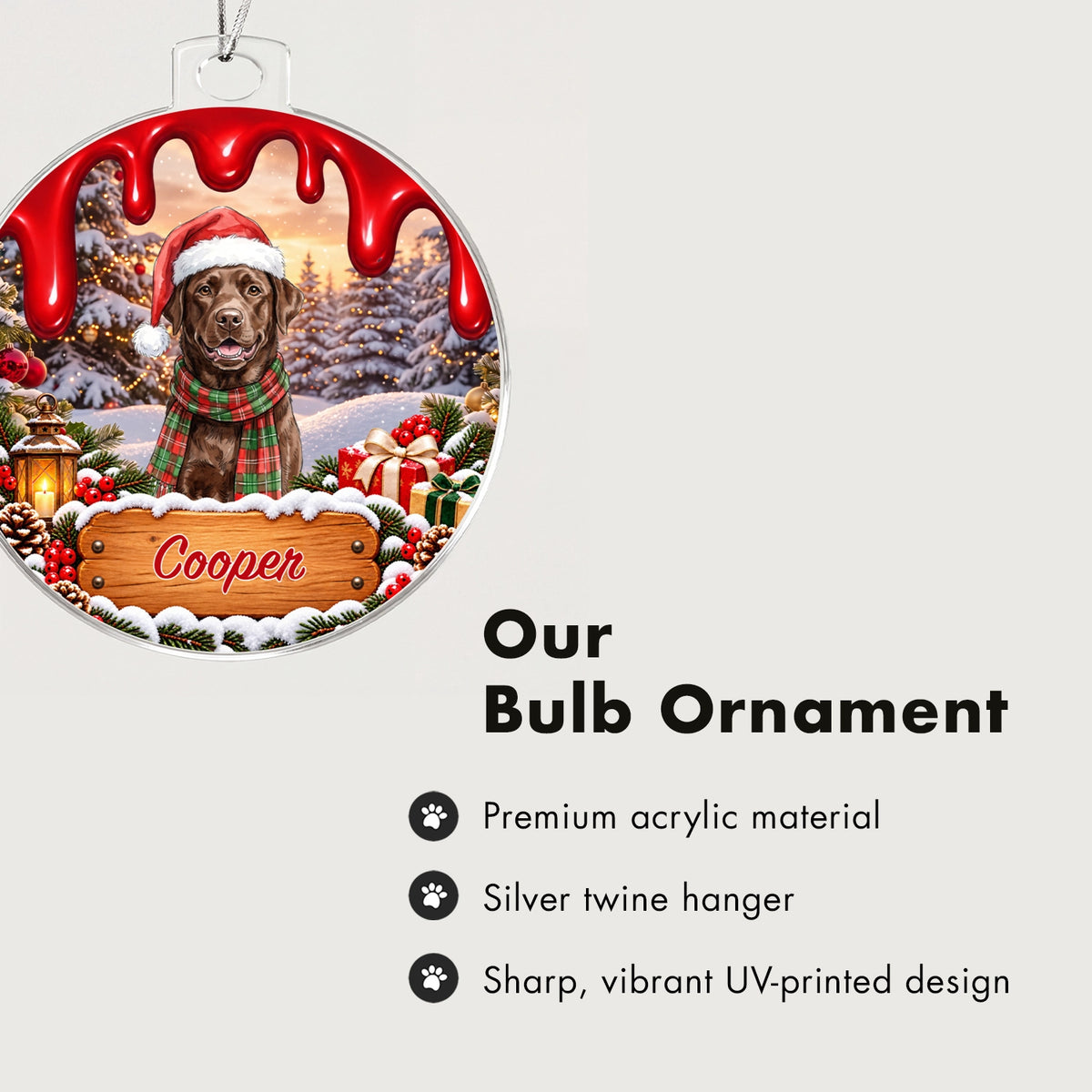 Ornament infographic with a brown dog named Cooper: premium acrylic material, silver twine hanger and UV-printed design