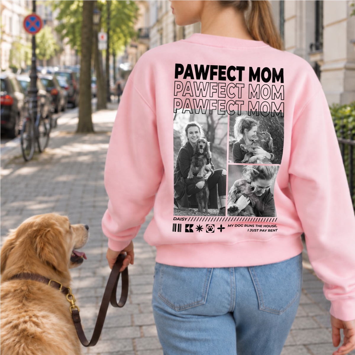 Woman walking her Golden Retriever in a pink Pawfect Mom sweater with photo collage