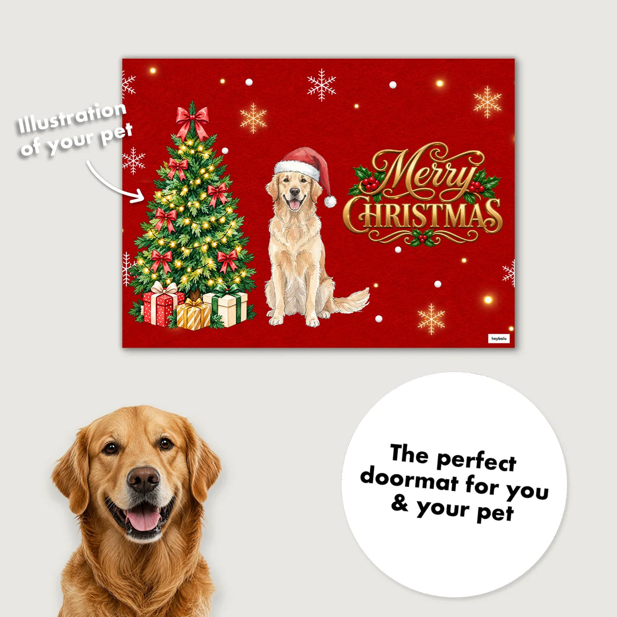 Pet photo turned into a doormat illustration: golden retriever with Santa hat on a red Christmas mat