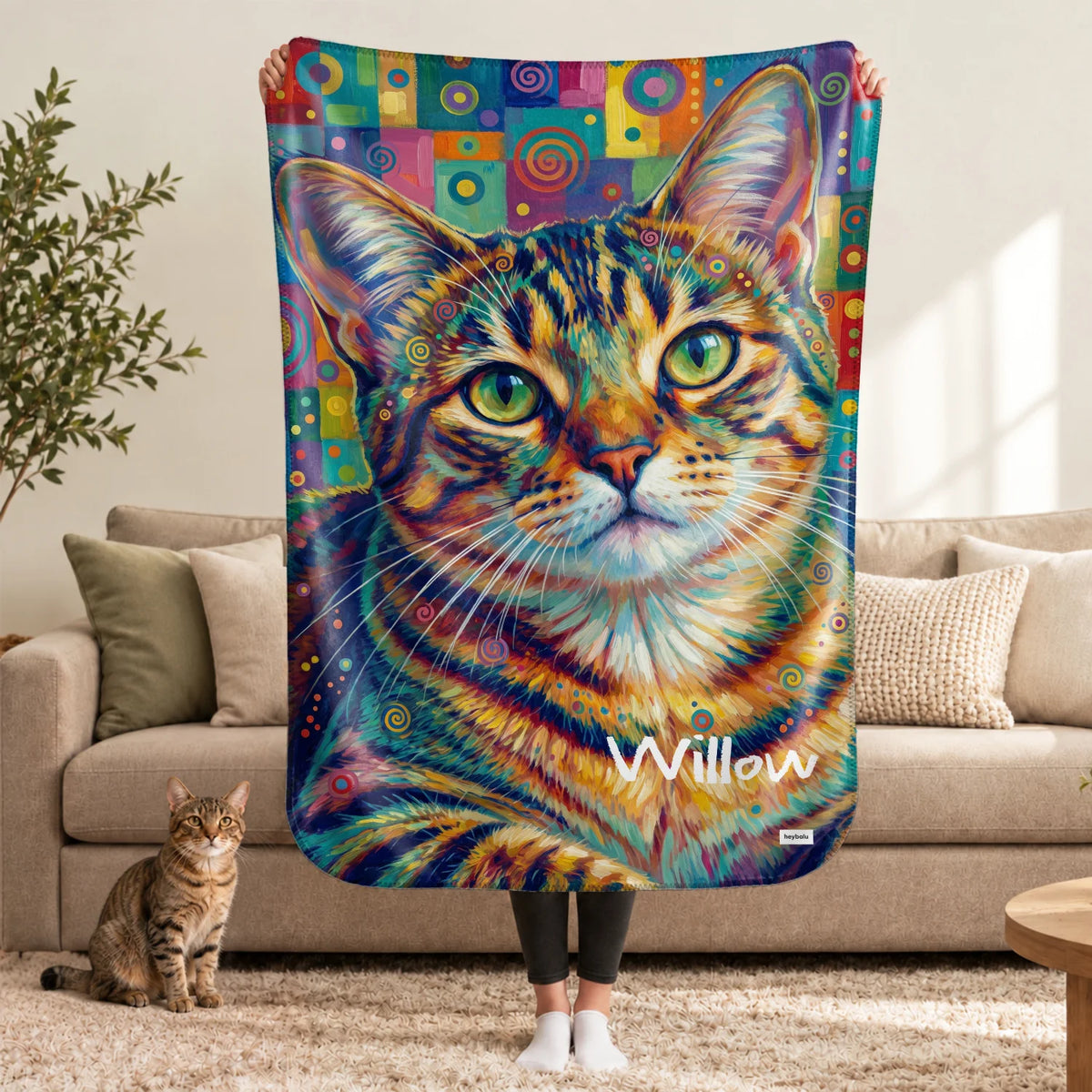 Personalized Blanket "Graffiti Cat" as a gift for cat lovers: tabby cat portrait in colorful graffiti style with name, hey balu