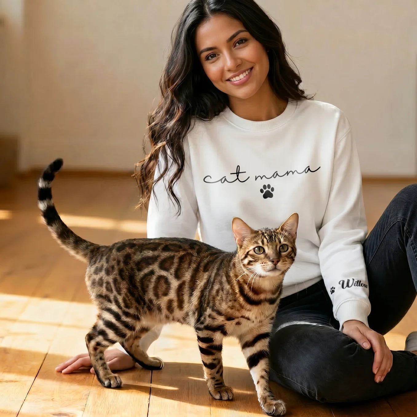 Personalized Sweater "Cat mama" with Sleeve Print