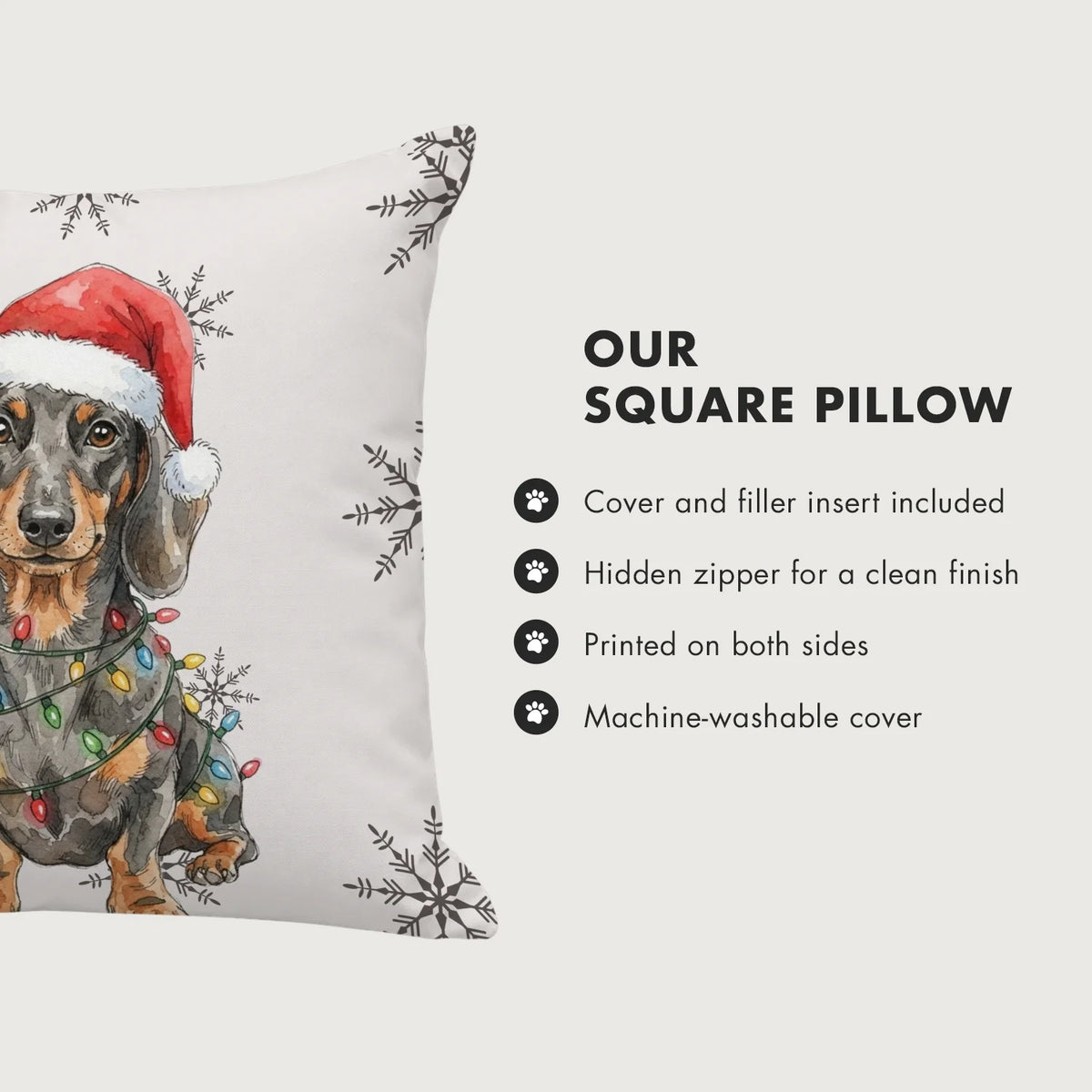 Infographic for the square pillow: cover and insert included, hidden zipper, printed on both sides, machine-washable cover