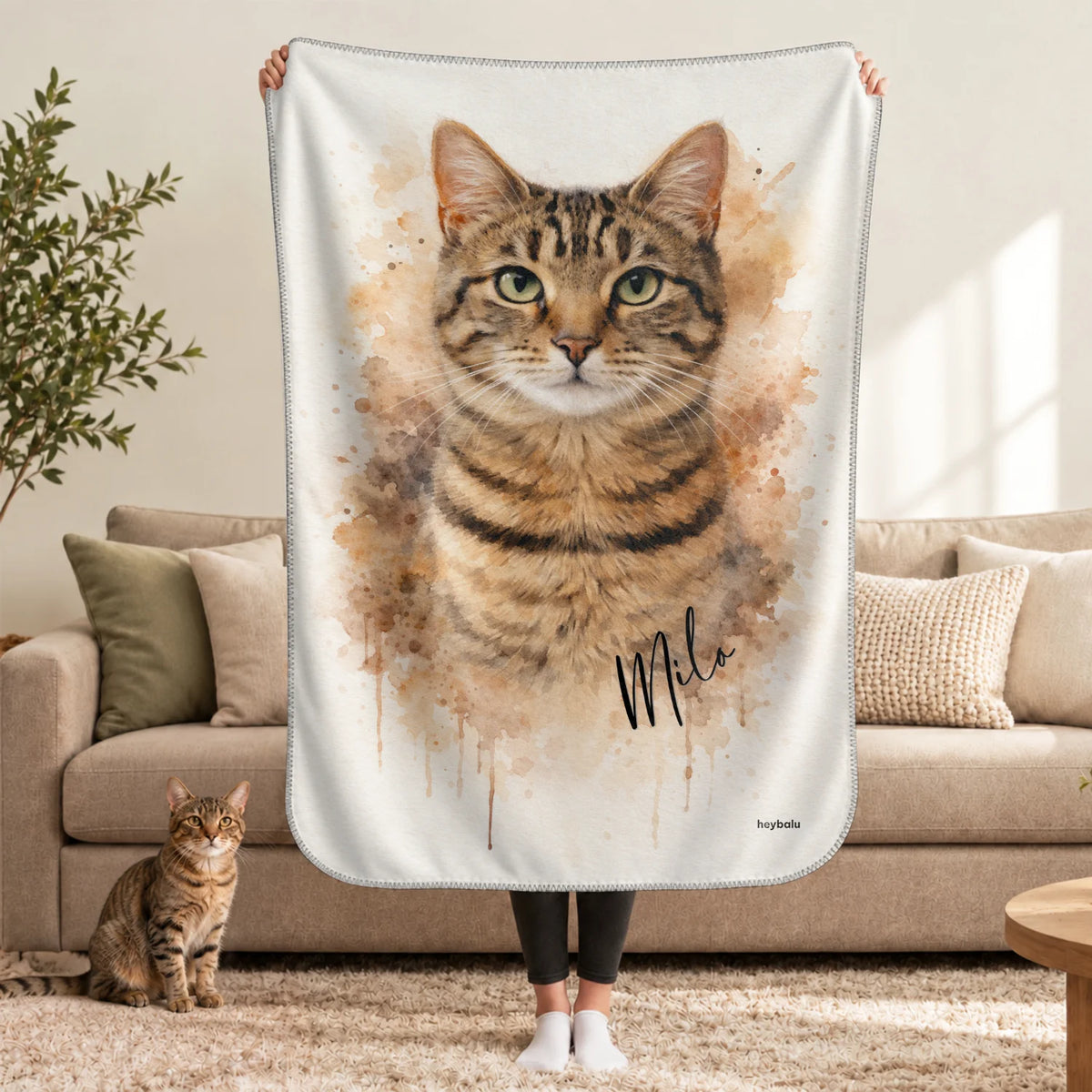 Personalized Blanket "Watercolor Cat" as a gift for cat lovers: tabby cat portrait in watercolor style with name – hey balu