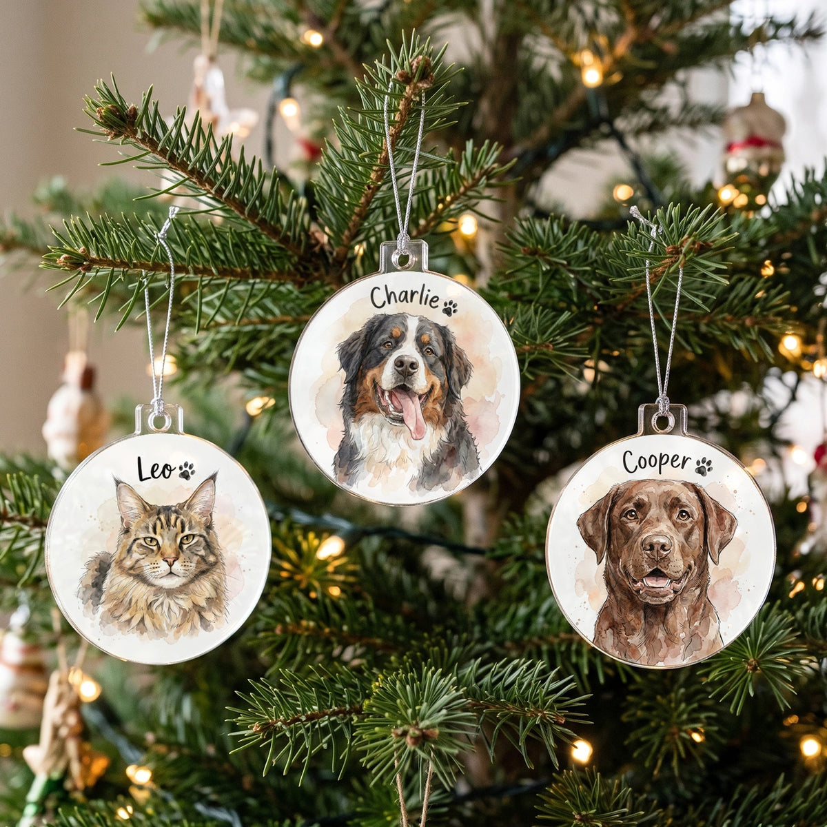 Three watercolor pet ornaments with a cat and two dogs on the Christmas tree