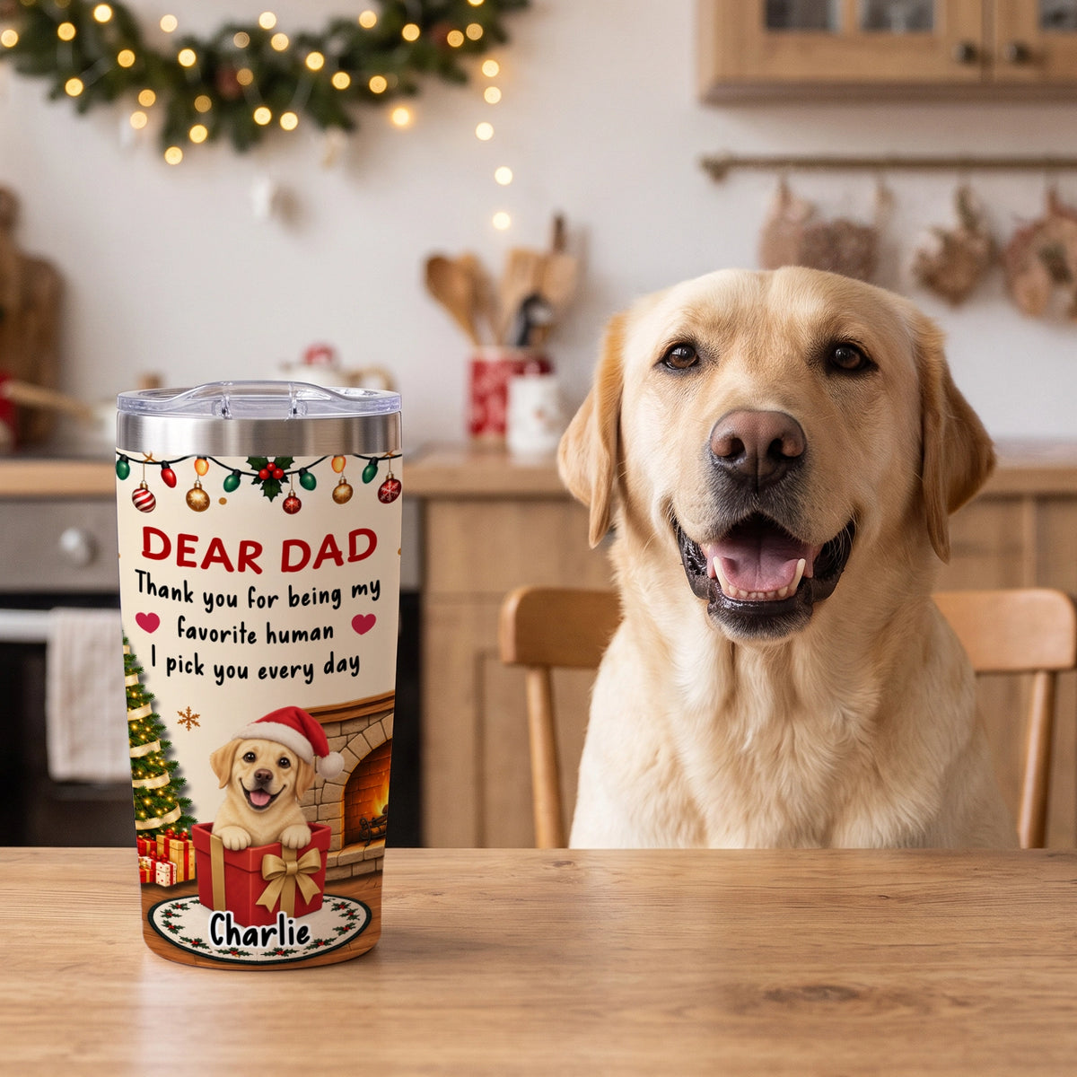 Labrador sitting at the kitchen table next to the Dear Dad tumbler with the name Charlie