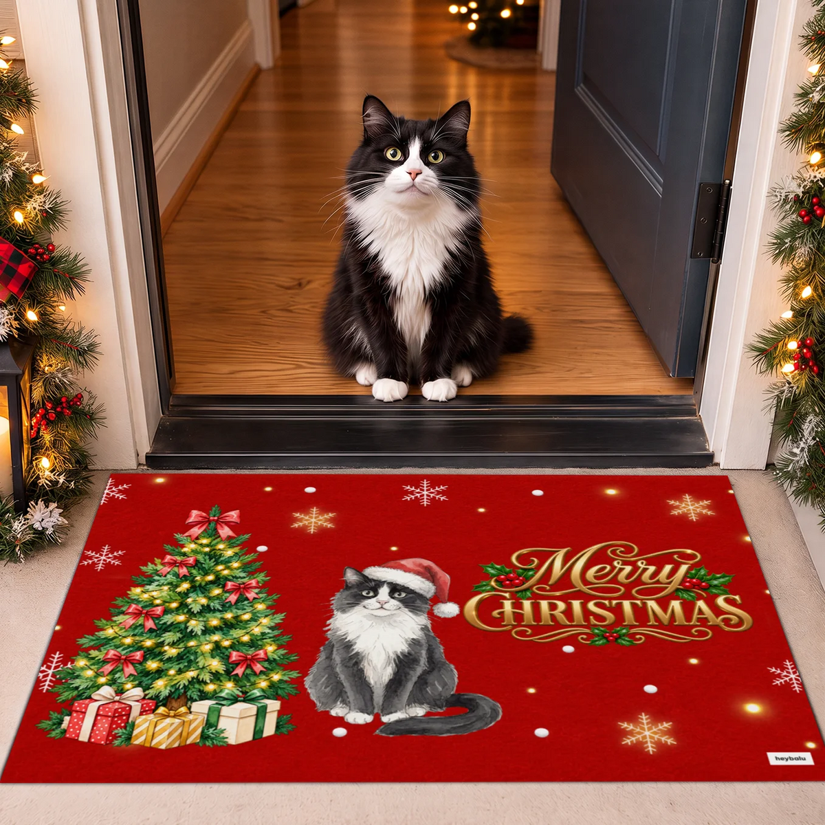 Red Christmas doormat with black and white cat illustration in front of the door