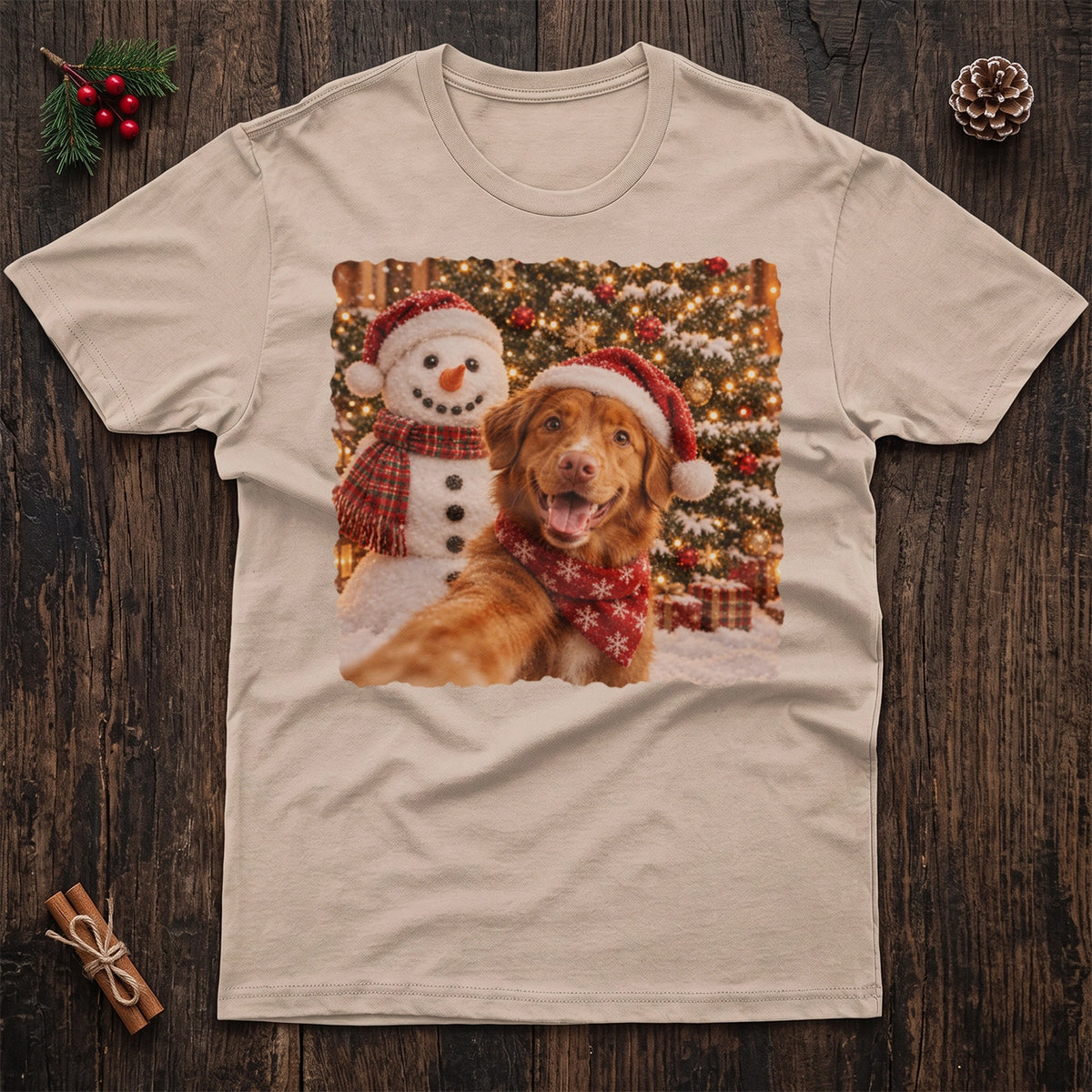 Beige Christmas scene T-shirt with dog and snowman print laid flat on wood