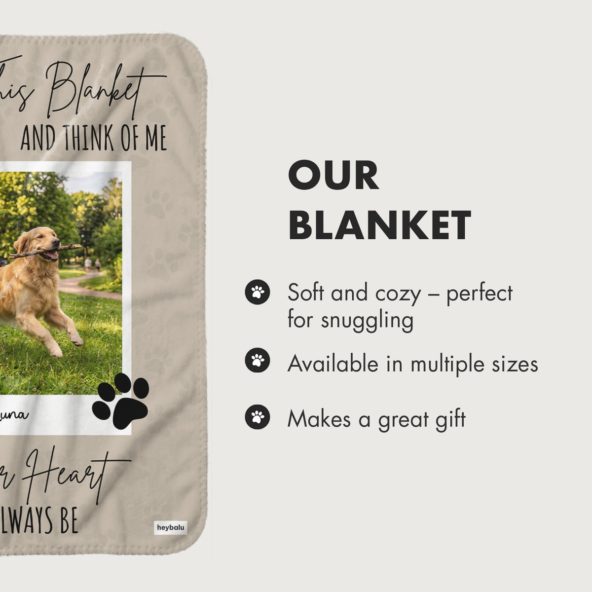 Dog Memorial blanket infographic: soft and cozy, available in multiple sizes, makes a great gift